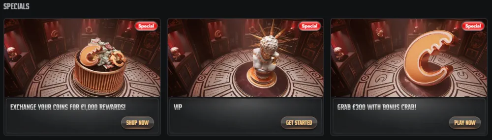 Gransino specials sectie met VIP-status en Bonus Krab beloningen.